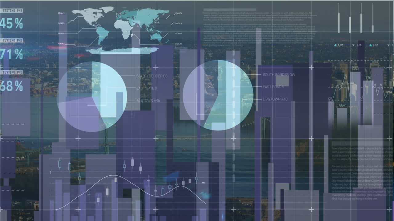 Animation of financial data processing over cityscape