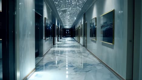 businessman is walking down a modern office hallway with marble floors and modern art on the walls