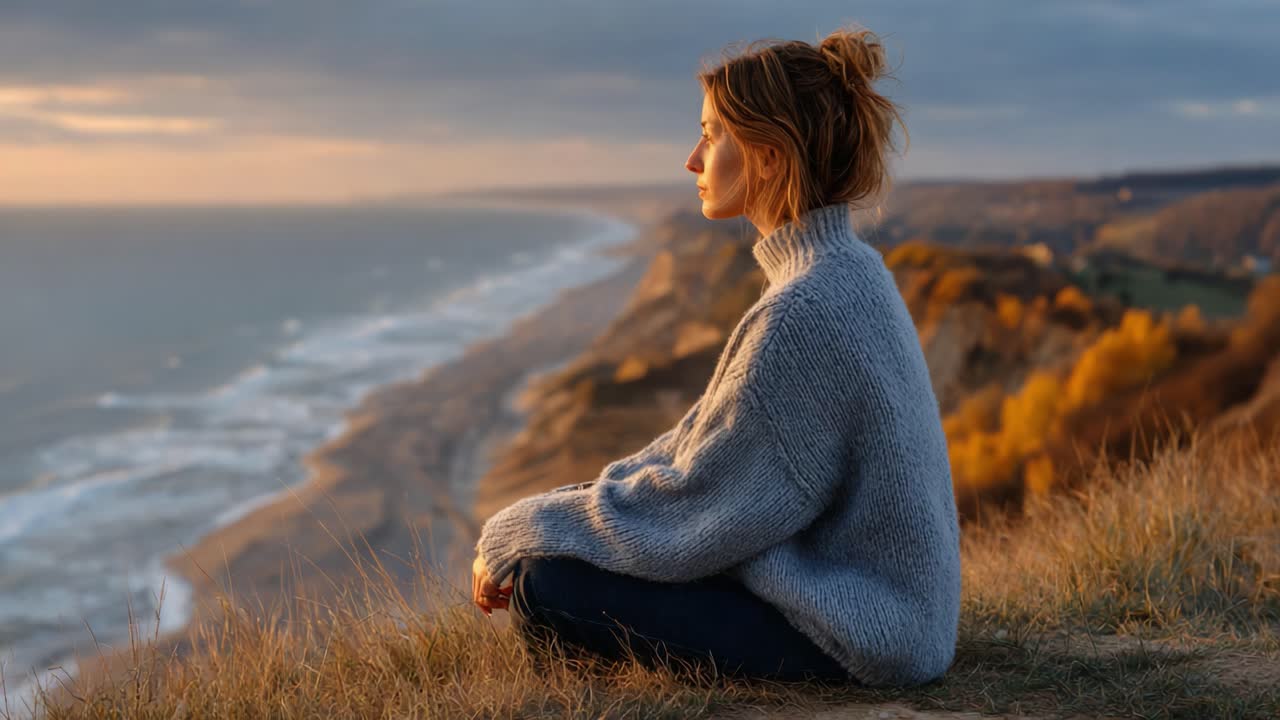 A Tranquil Moment of Reflection: A Serene Woman Sitting on a Cliff Overlooking the Ocean During Golden Hour, Embracing Nature's Beauty and Peaceful Surroundings