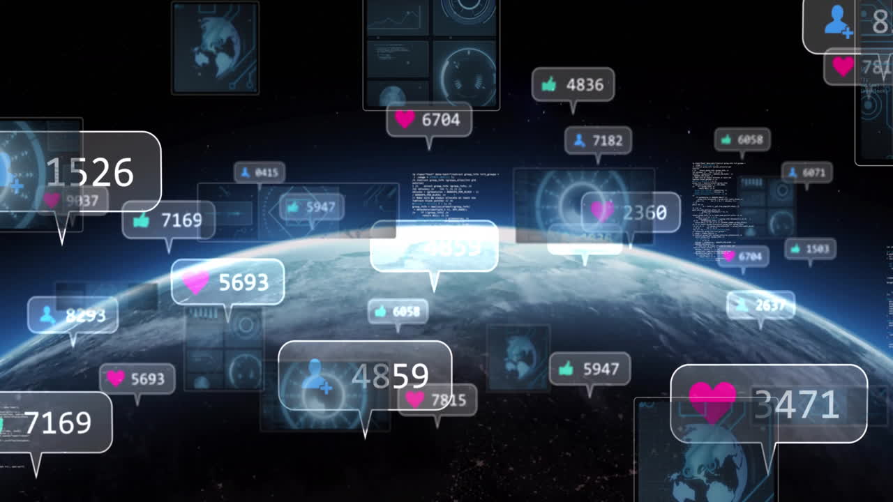 Social media notifications and analytics animation over view of Earth from space