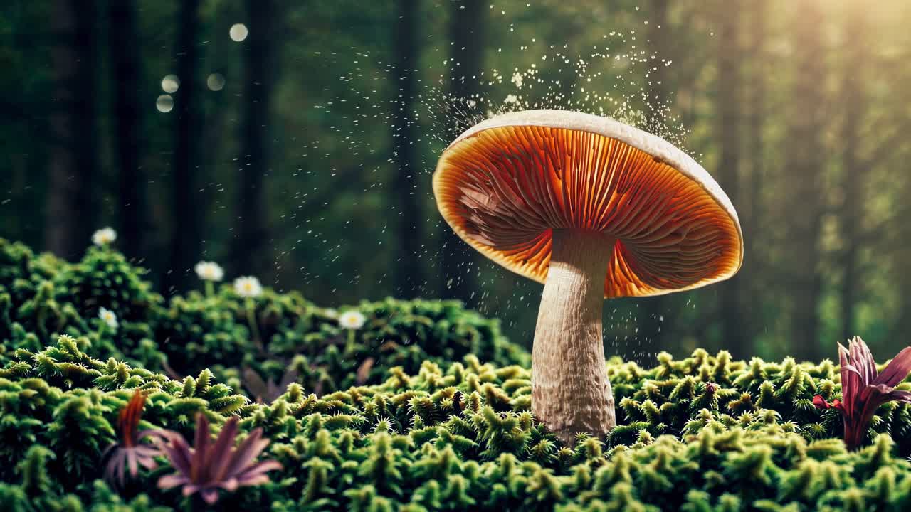 Close-up video of a mushroom in a forest, shot from a low angle