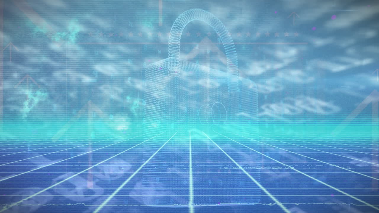 파란색 배경에 그리드 네트워크에서 여러 화살표와 보안 락 아이콘의 애니메이션