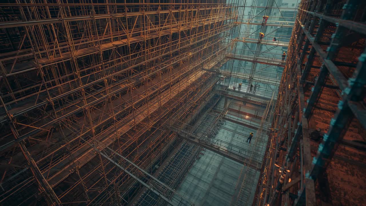 Opening aerial view of scaffolded shaft, worker climbing while colleague handing tool for assembly