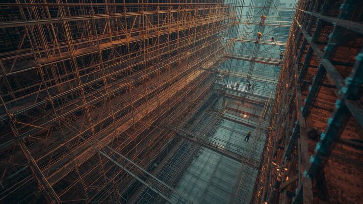 Opening aerial view of scaffolded shaft, worker climbing while colleague handing tool for assembly