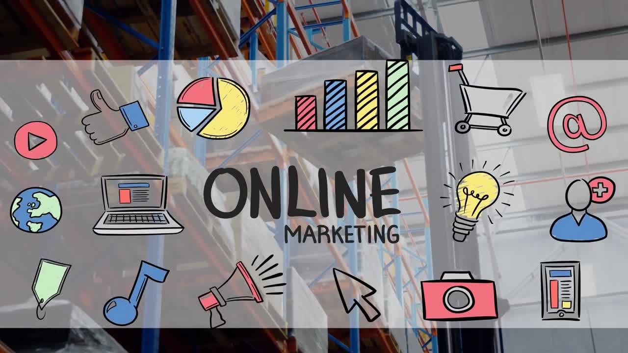 Animation of online marketing text with icons over warehouse