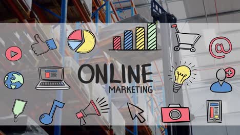 Animation-of-online-marketing-text-with-icons-over-warehouse