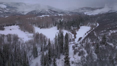 Aspen-Snowmass-Pitkin-county-cabin-wilderness-aerial-drone-Rocky-Mountains-Colorado-Basalt-Carbondale-Mt-Sopris-Maroon-Bells-Ashcroft-Independence-Pass-foggy-snowy-road-morning-cloudy-mist-upward-jib