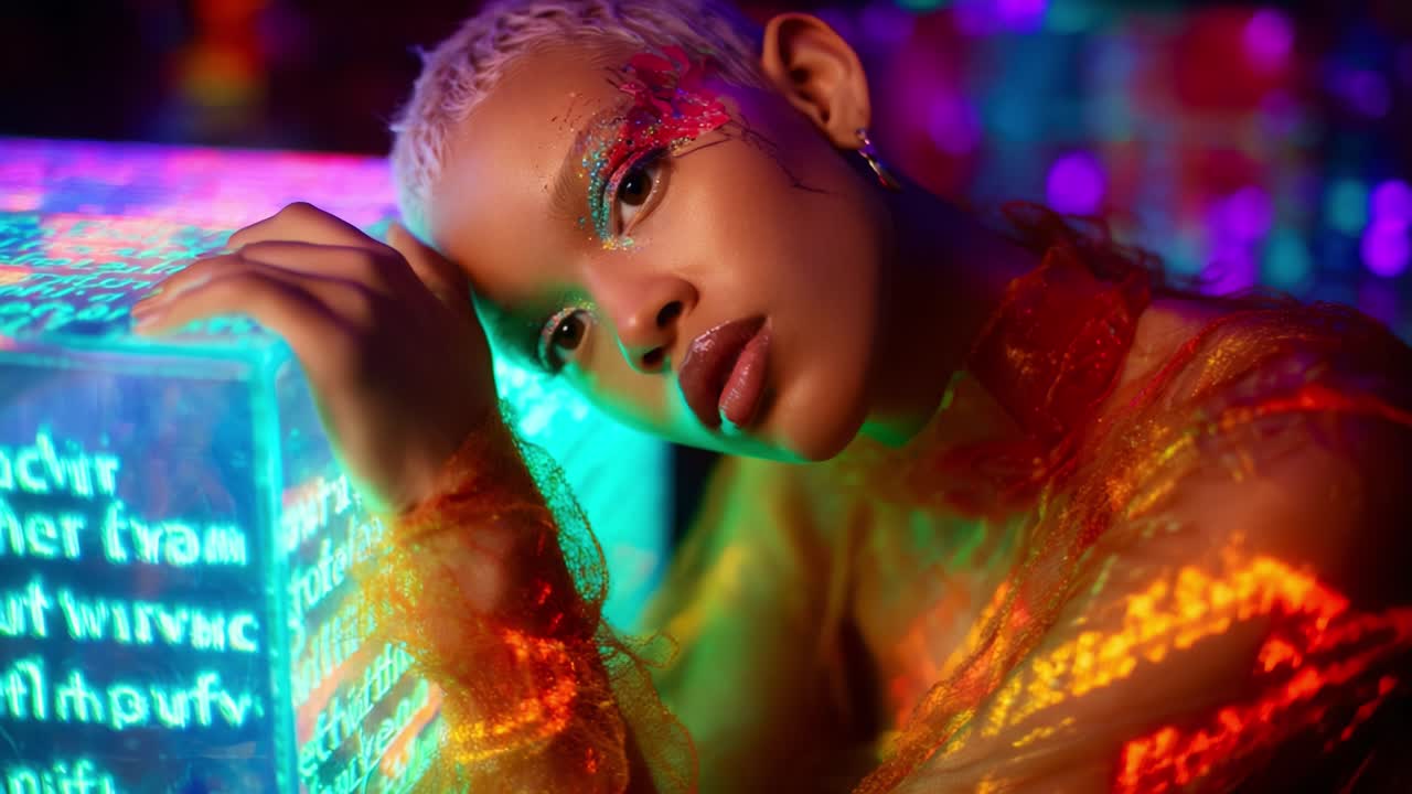 A Captivating Portrait of a Young Person with Vibrant Makeup and Neon Lights, Exuding a Sense of Mystery and Allure in a Futuristic, Colorful Environment