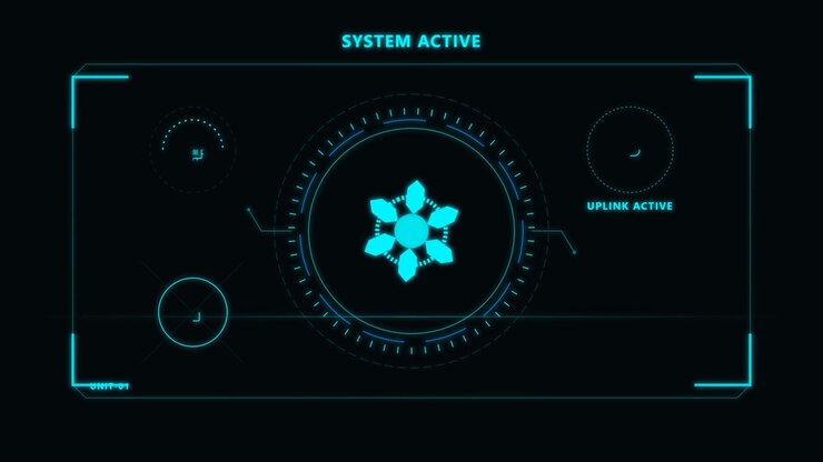 Futuristic Digital HUD Interface with Rotating Hexagonal Core
