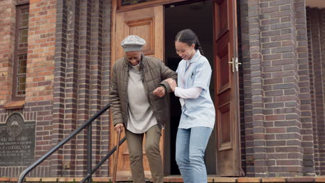 stairs, senior and woman nurse with support