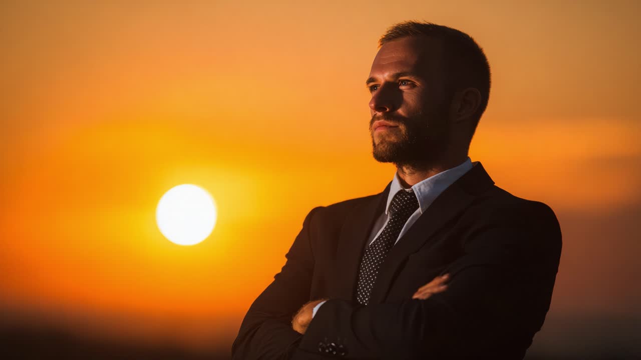 A Confident Businessman Standing Proudly Against a Stunning Sunset, Exuding Determination and Professionalism as the Day Comes to a Close