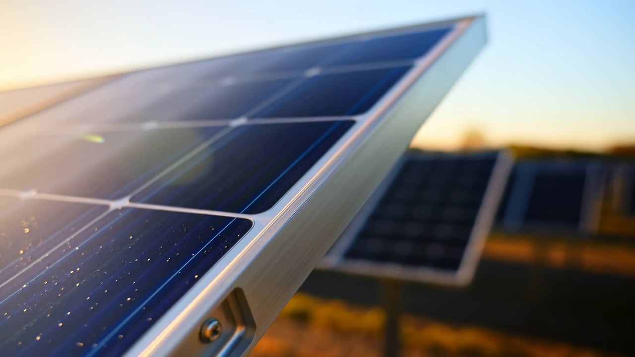 Nærbillede fra lav vinkel af kanten på et tagmonteret solpanel på en aluminiumsmonteringsskinne med synlige bolte, blå fotovoltaiske celler, hvide samleskinner, reflekterende glans og varmt sollys for et koncept om ren energi.