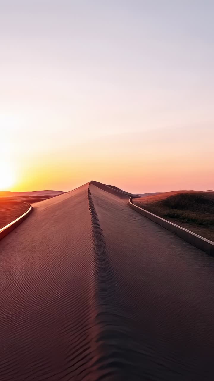 Vertical video: Tracking cam starting along dune crest in desert at low sun, showing footprint line