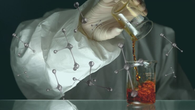 Animation of floating nucleotides over midsection of scientist pouring liquid in beaker