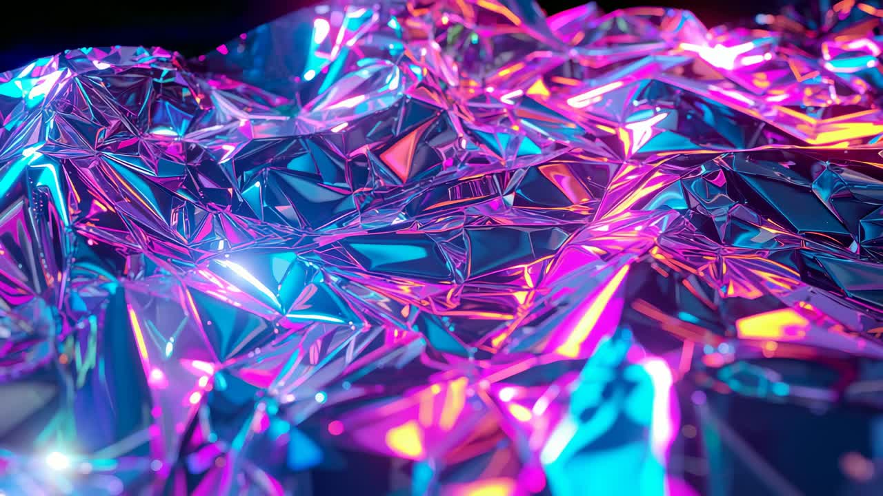 Activating neon magenta, cyan and blue spotlights, crinkled metallic sheet reflecting vibrant hues