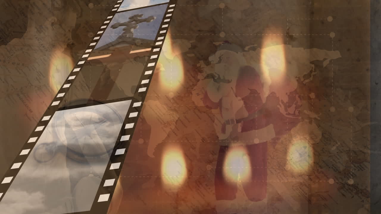 다양한 사람들과 불 위에 영화 테이프의 애니메이션.