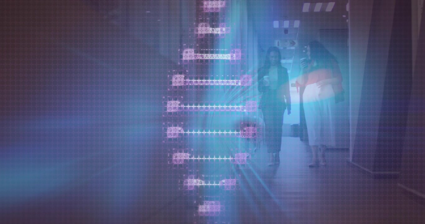 Animation of dna helix rotating over female colleagues with coffee cups talking in office corridor