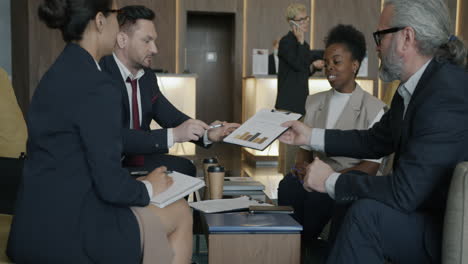 business meeting in hotel lobby