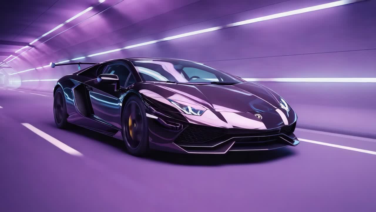 Purple Lamborghini Supercar in a Neon Lit Tunnel