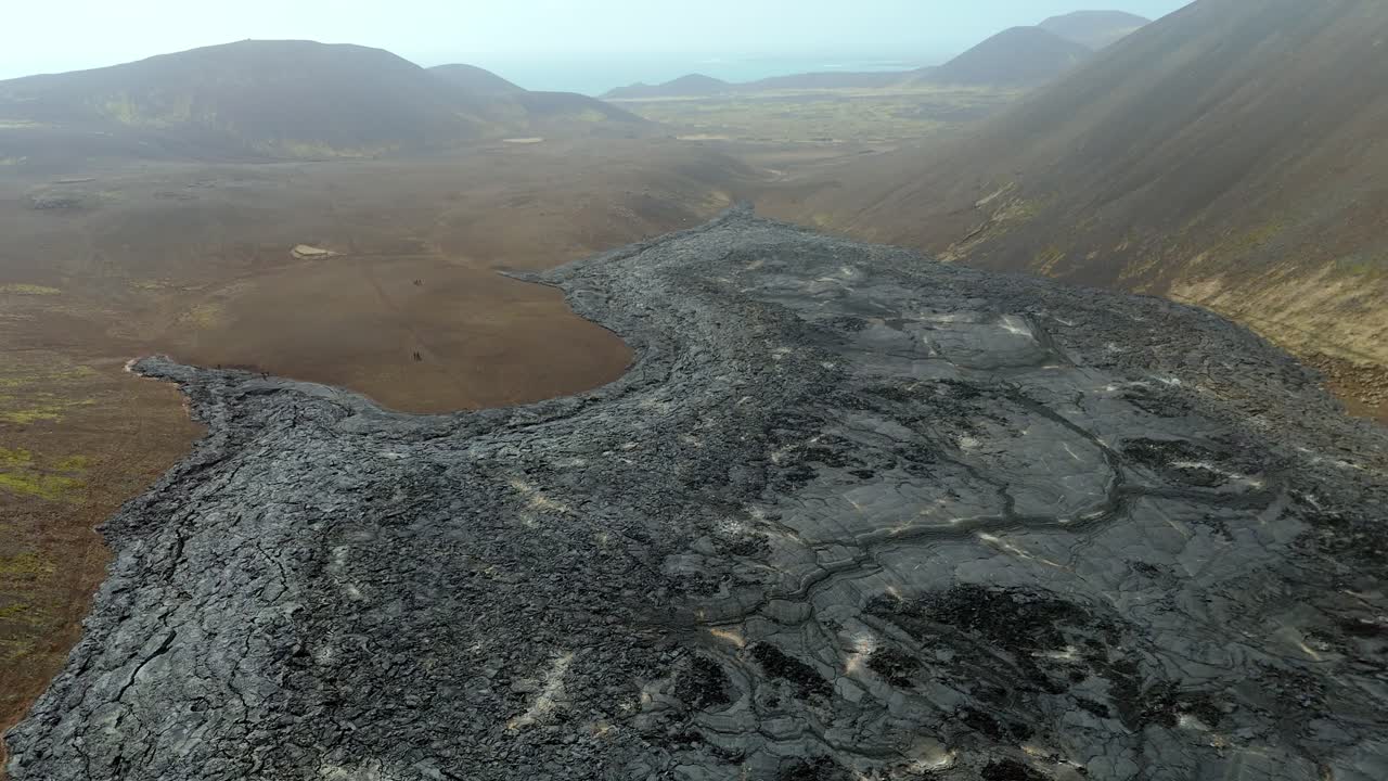 aerial view of solidified lava eruption in Iceland , Langihryggur active mountains volcano