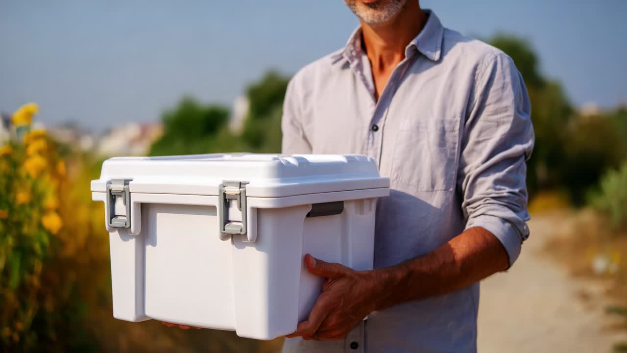 A man confidently carries a sturdy white cooler through a vibrant outdoor landscape, showcasing a moment filled with anticipation and practicality near lush greenery and yellow flowers