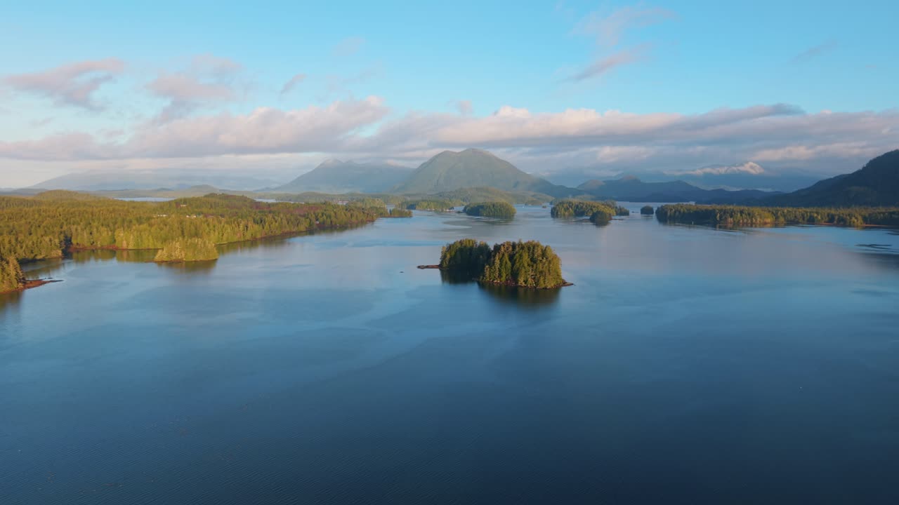 tomada de drone de tofino en la isla de vancouver que muestra colores de otoño, costa escarpada y olas del océano en una vista aérea panorámica.