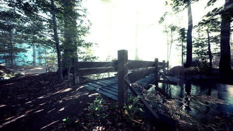 Hängende-Holzbrücke-über-Den-Fluss-Zum-Nebligen,-Geheimnisvollen-Wald