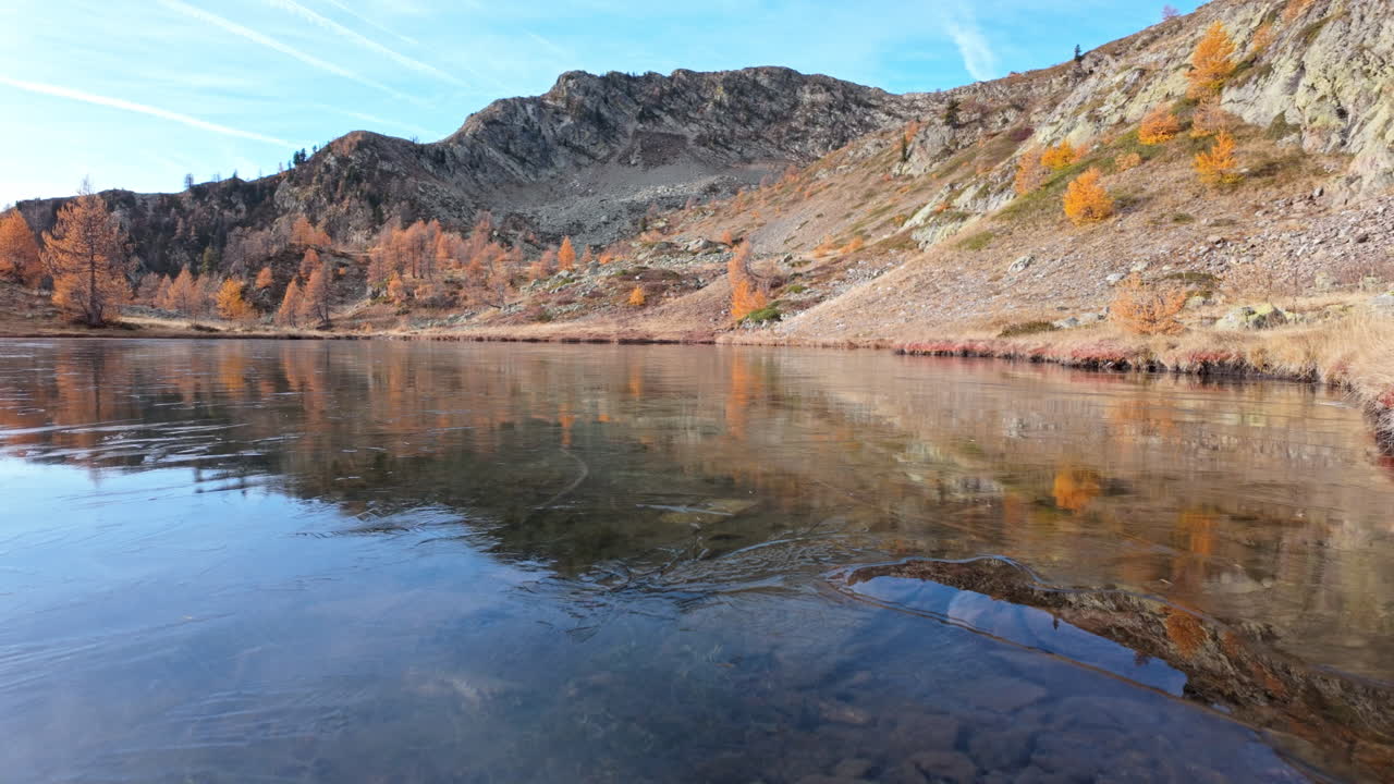 Calm mountain lake with autumn trees and reflections in clear water