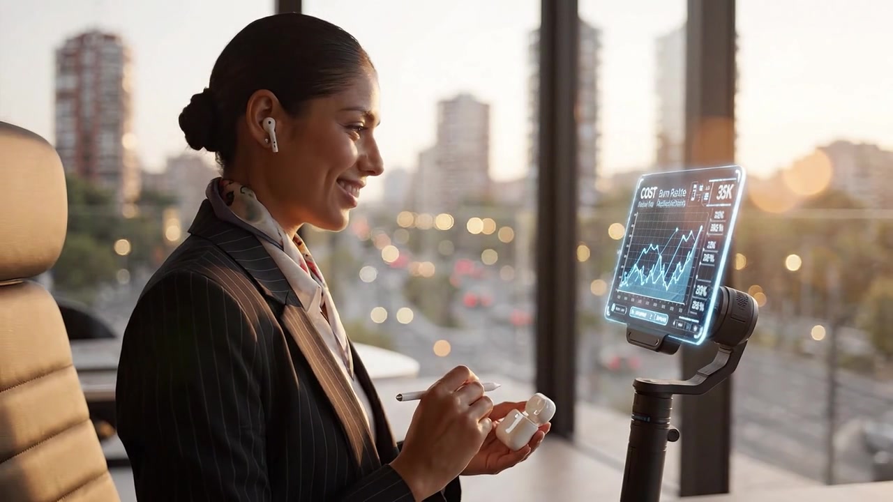 Professional Businesswoman Analyzing Data on a Transparent Digital Display with Cityscape Background during Golden Hour