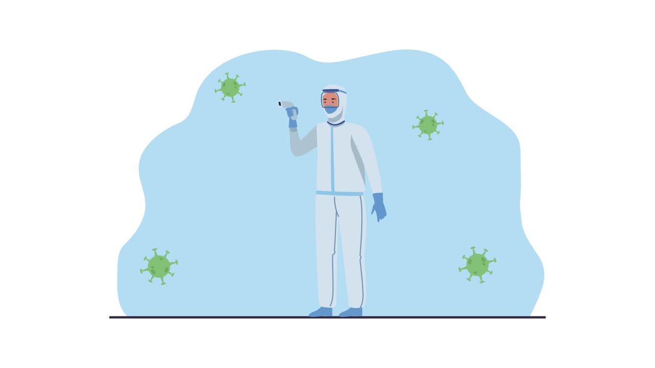 partículas pandémicas de covid-19 con trabajador de riesgo biológico usando termómetro