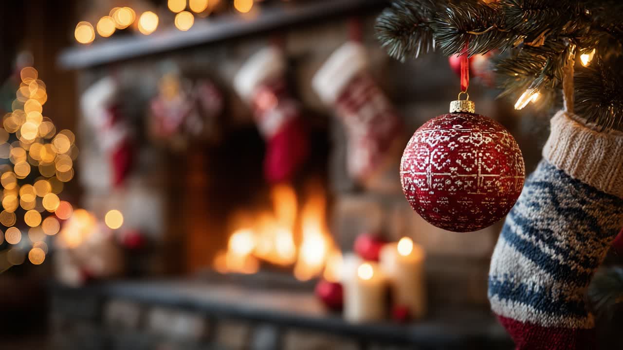 A Cozy Christmas Scene Featuring a Beautifully Decorated Tree, Ornaments, Festive Stockings, and a Warm Fireplace Radiating Cheerful Holiday Spirit