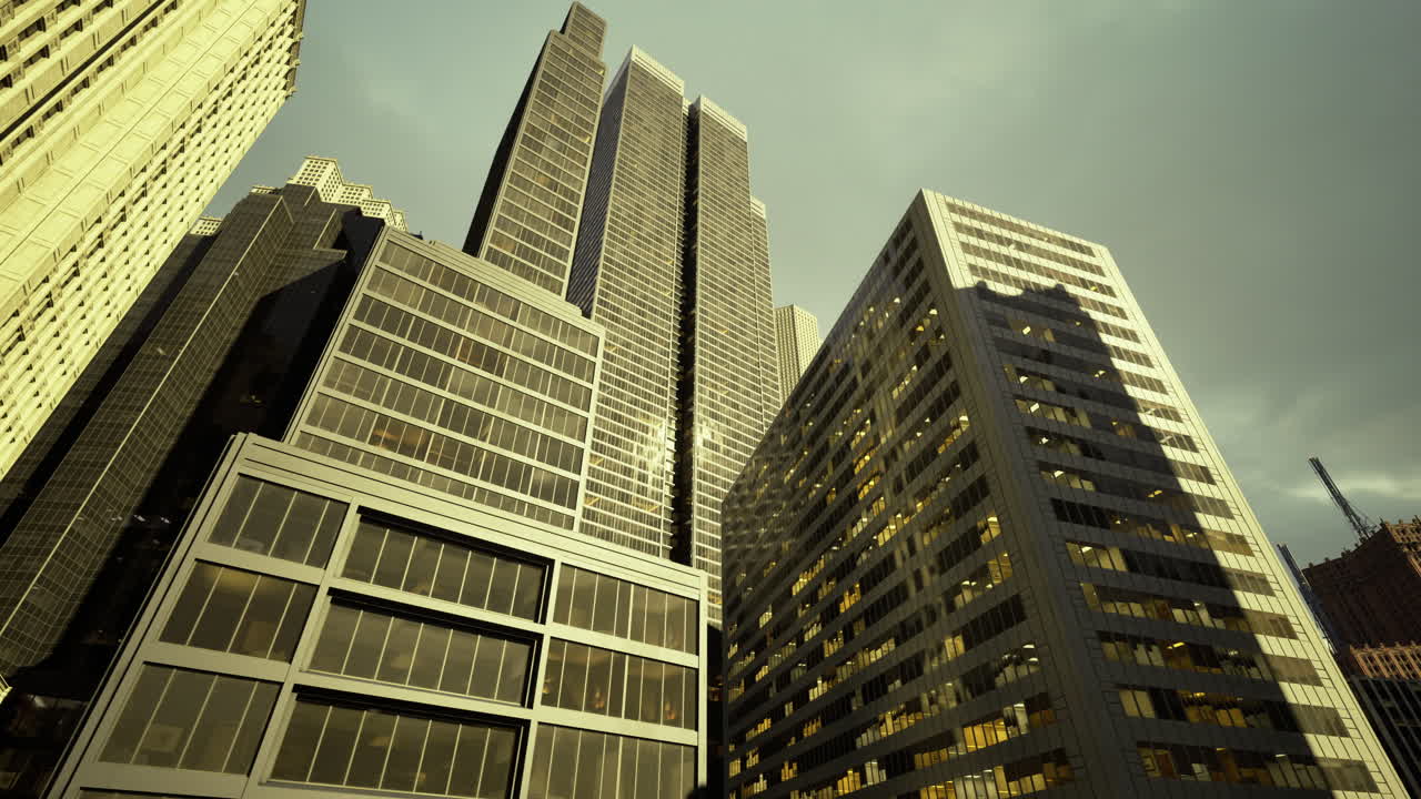 Skyscrapers rise against a dramatic sky in an urban landscape at dusk