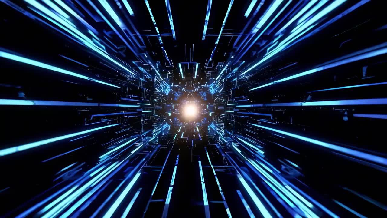 Futuristic video concept with a digital tunnel of blue neon lights