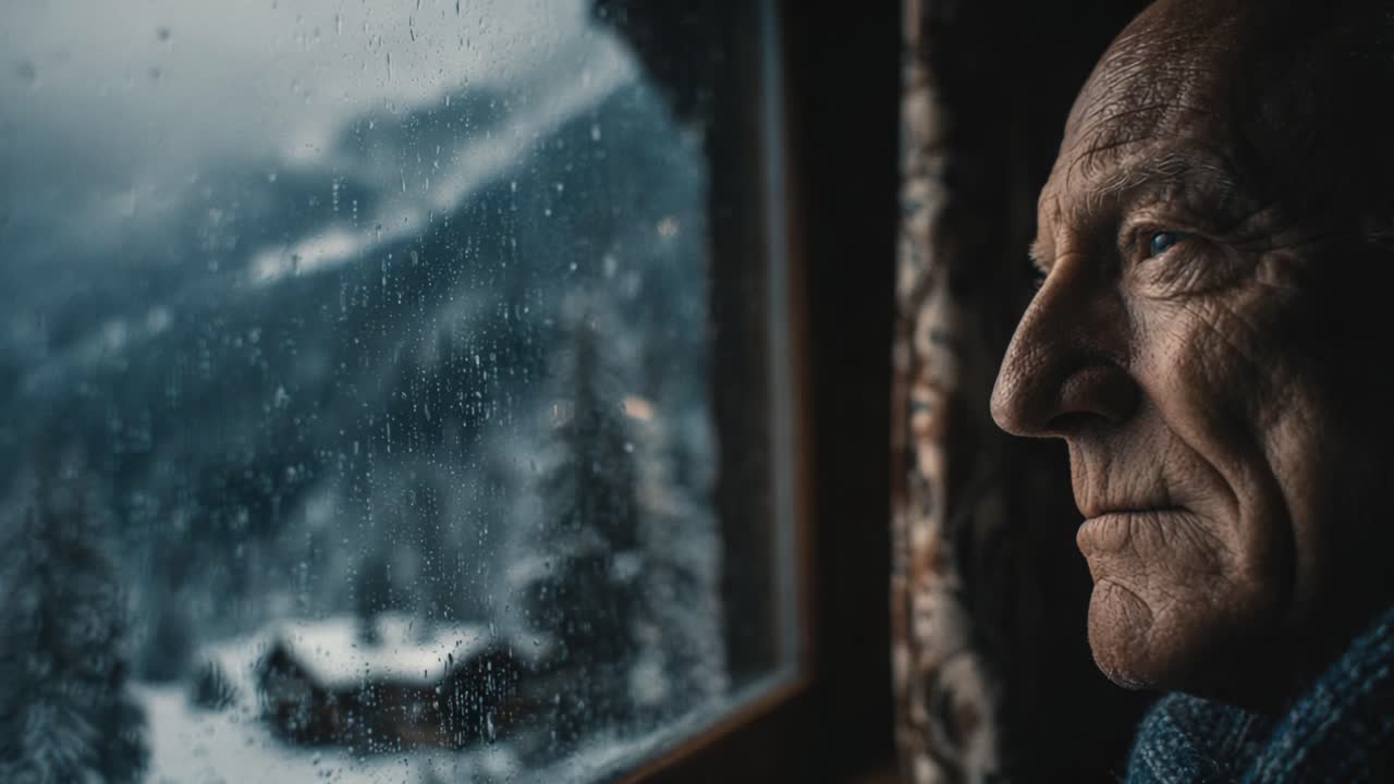 Un anziano pensieroso guarda attraverso una finestra schizzata di pioggia in un paesaggio invernale incantato, perso nei pensieri in un giorno nevoso