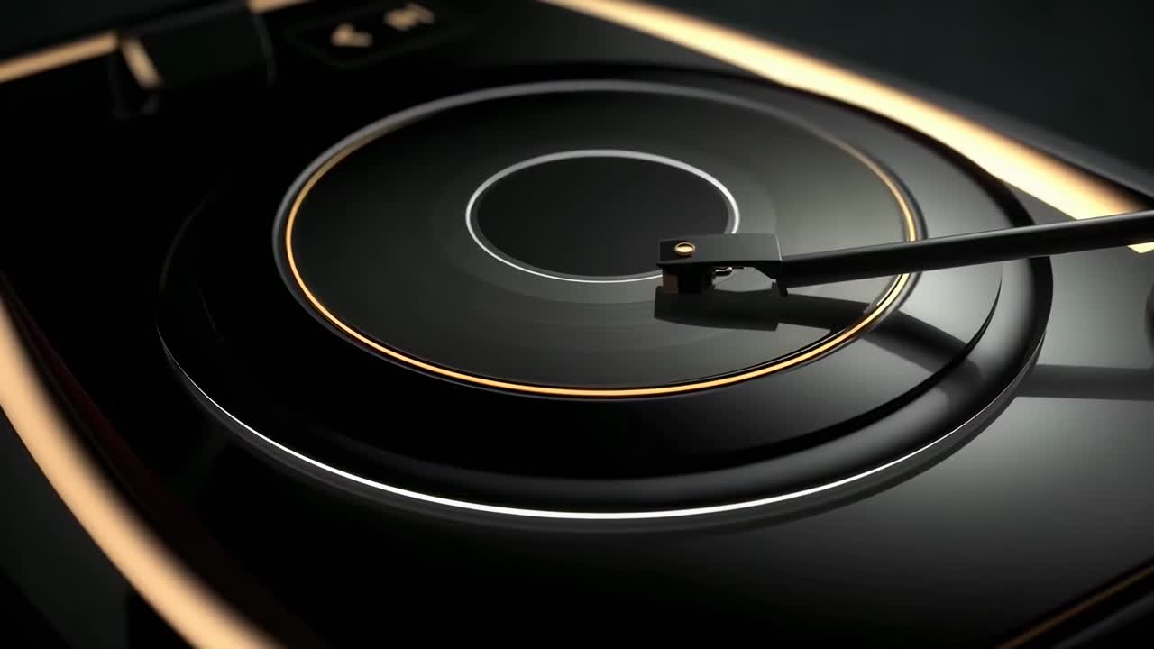 Nærbillede, topvinkeloptagelse af en elegant, moderne pladespiller, perfekt til en retro-tema video.