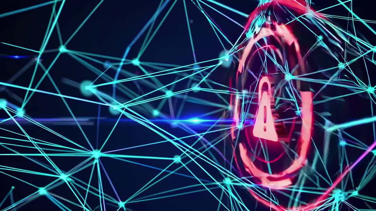 Futuristic video concept with a digital lock icon surrounded by glowing network lines
