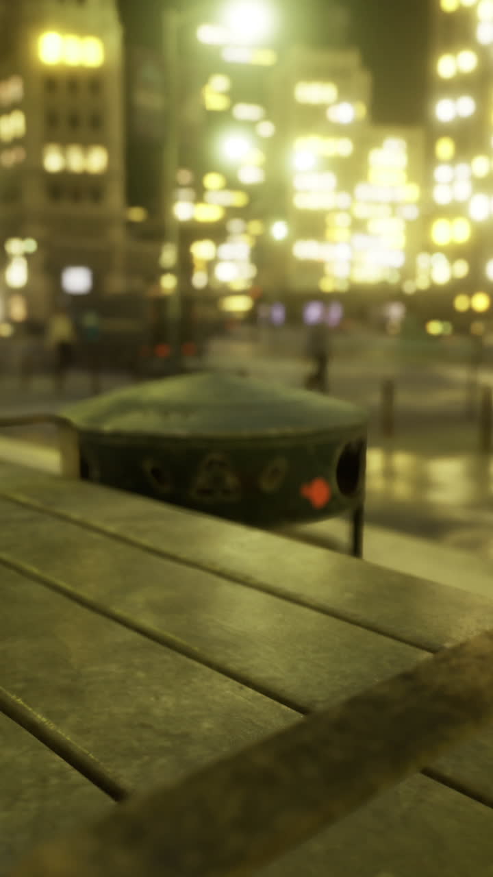City park at night showcasing urban lights and a reflective wet bench