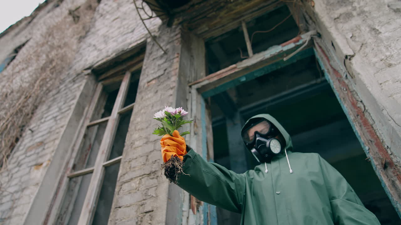 Flowers in hand of an ecologist in protective suit. Person in respirator and hazmat wearing standing with flowers in ruined place. Nature in danger.