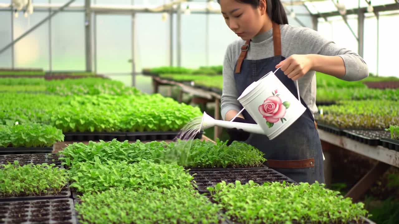 A Dedicated Gardener Tending to Lush Green Seedlings in a Greenhouse, Carefully Watering Each Plant for Optimal Growth and Sustainability