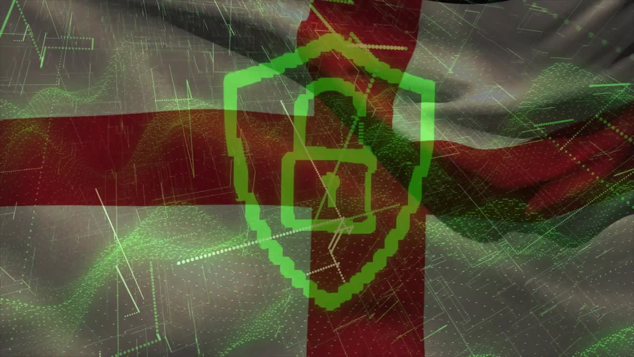Bandiera dell'Inghilterra che sventola, uno scudo verde che appare, un lucchetto che svanisce e si sblocca tramite scansione, mentre le linee di dati fluiscono.