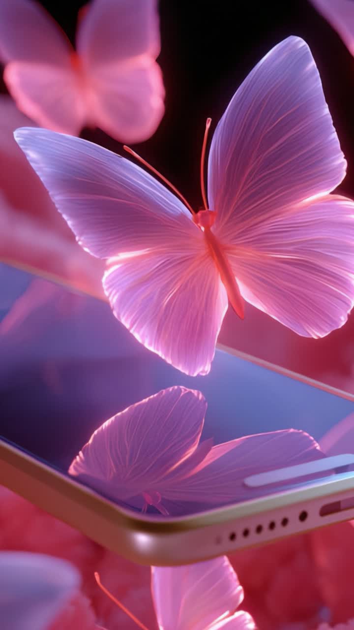 Un fascinante despliegue de mariposas rosas flotando con gracia sobre la superficie reflectante de un smartphone, creando una cautivadora fusión de tecnología y la belleza de la naturaleza.