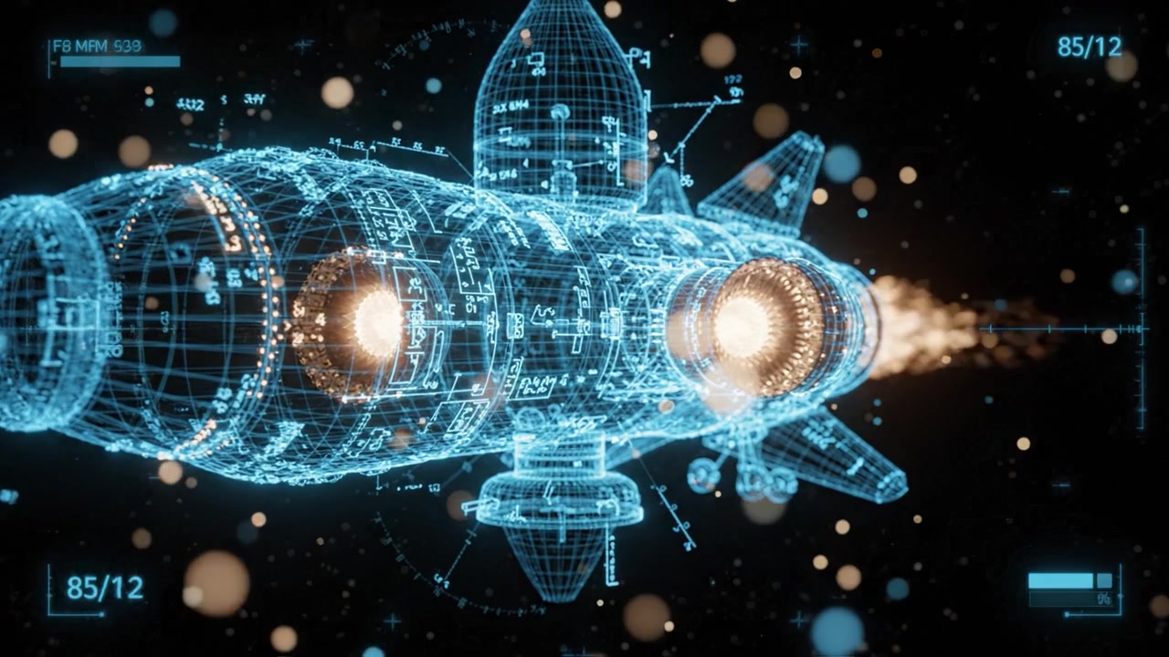 Futuristic Rocket Ship in a Digital Blueprint Display with Holographic Elements and Technical Specifications in a Cosmic Environment