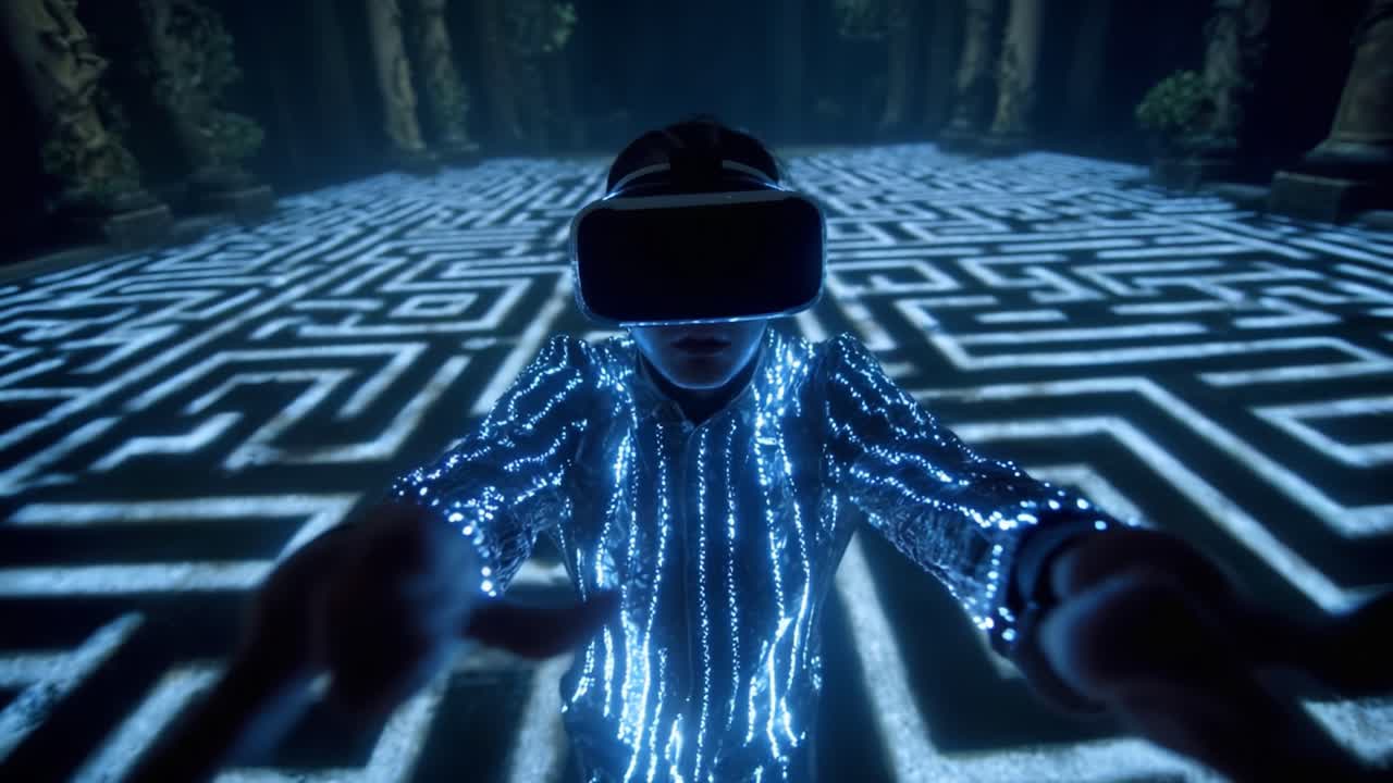 An Enthusiastic Explorer Immersed in a Virtual Maze Adventure, Captured in Mesmerizing Frames of a High-Tech Environment with Intricate Patterns and Smart Wearable Tech Enhancing the Experience