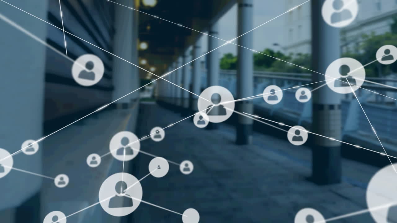 현대적인 건물 위의 아이콘과 연결 네트워크의 애니메이션