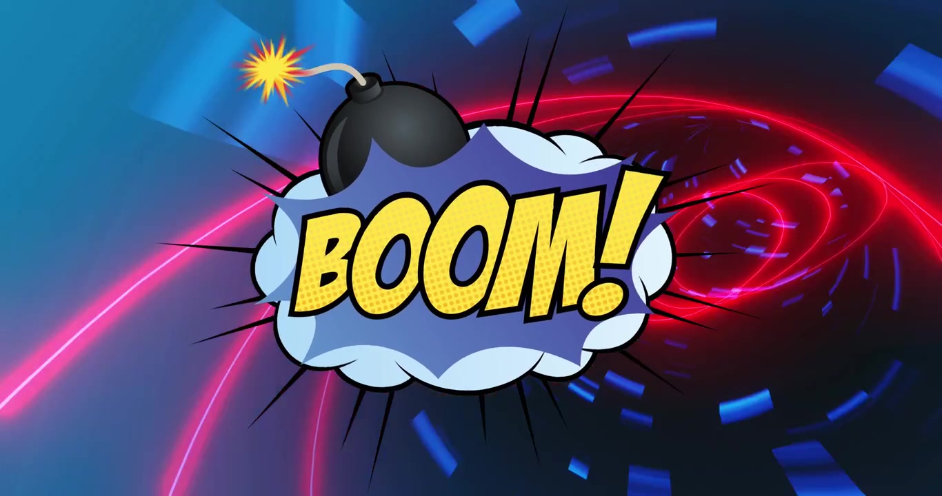 Animation of boom text on retro speech bubble over neon shapes on blue background