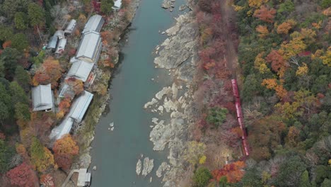 Sagano-scenic-train-emerges-from-tunnel-at-Arashiyama-in-Autumn,-Kyoto-Japan