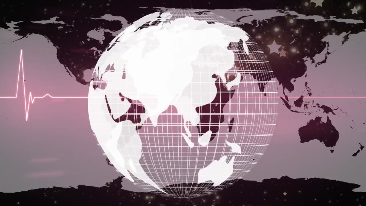 심박수 모니터와 세계 지도 위에서 회전하는 지구의 애니메이션