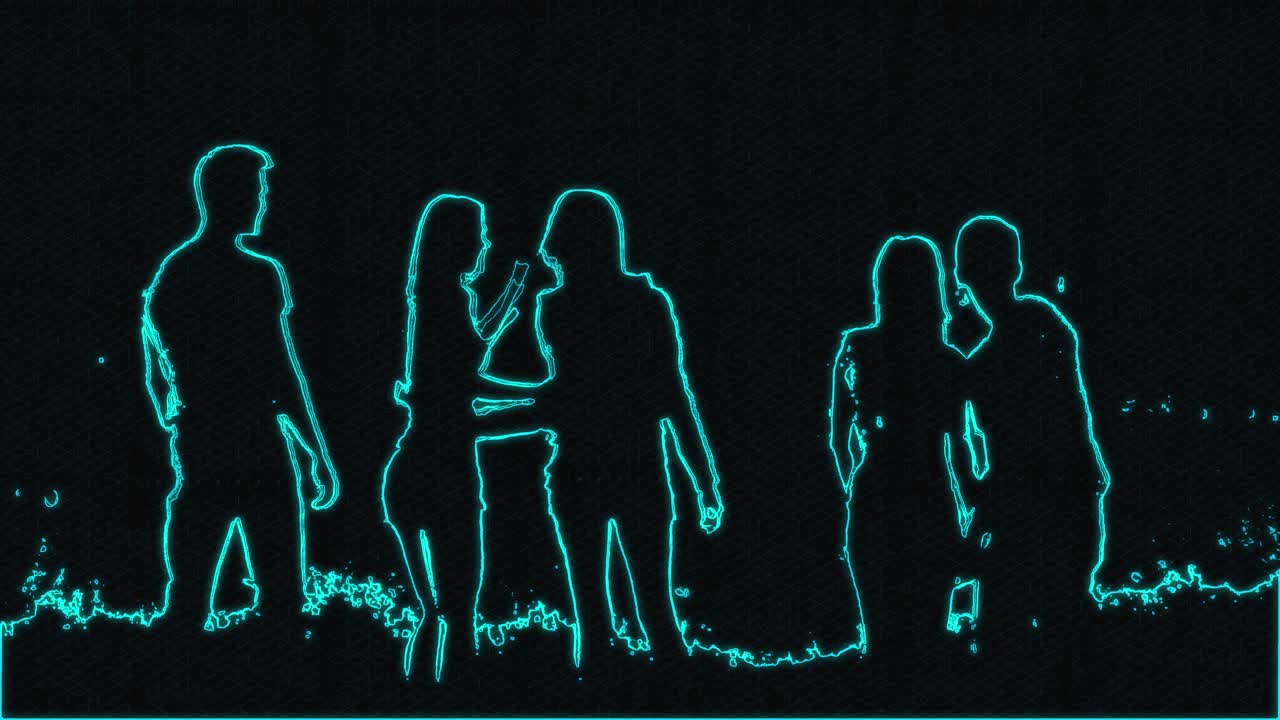 세상을 가리키며 바라보는 친구들의 디지털 실루엣