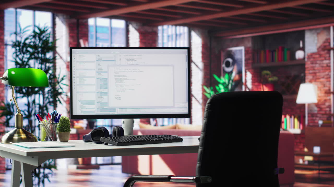 Vertical Video Modern loft with desktop monitor ready for coding and programming tasks