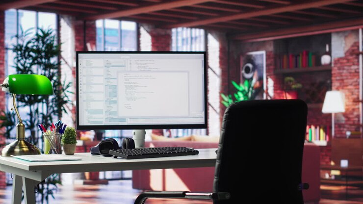Vertical Video Modern loft with desktop monitor ready for coding and programming tasks
